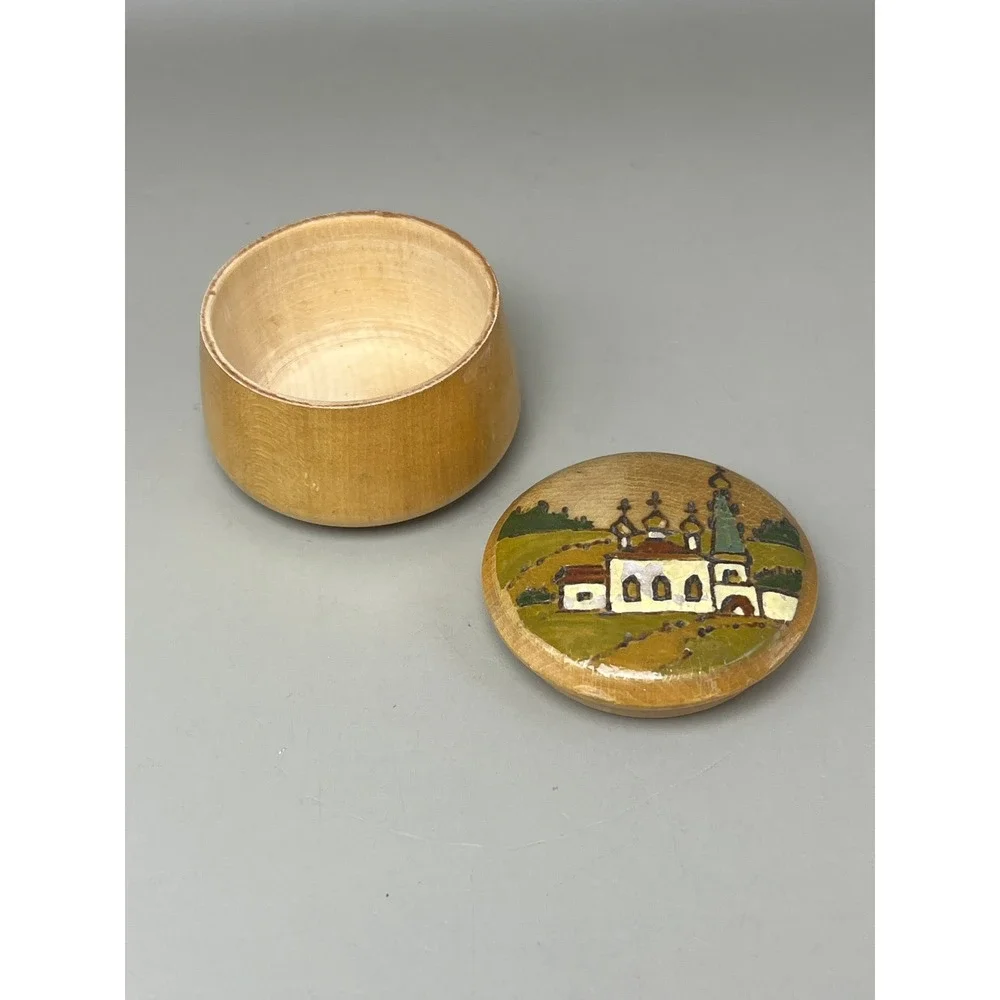VTG USSR Wood Hand Painted Lidded Trinket Box 1.75